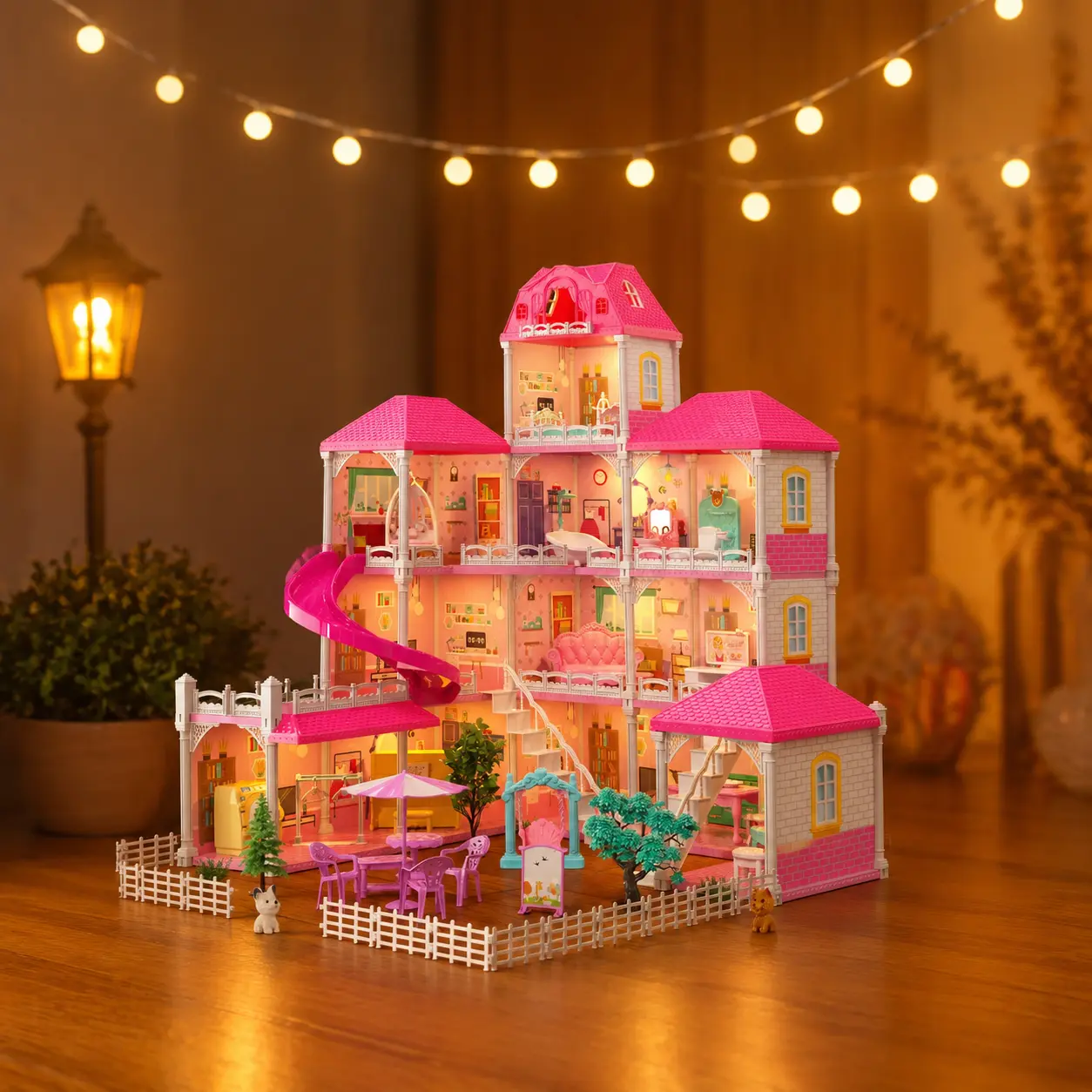 Pink Dream Doll Villa Block Playset,Buildable Dollhouse Toy with Bright LED Lights and Fun Slide,Cute Girly Styling,Creative Pretend Role Play Toy,Indoor Parent-Child Assembly Game,Perfect Holiday Birthday Gift for Young Girls