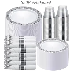 50 Guests Dinnerware Sets, Gold Plastic Plates，Platos Para Fiestas Elegantes Desechables Include:50 Dinner Plates, 50 Dessert Plate, 150 Pcs Gold Plastic Silverware, 50 Cups for Party