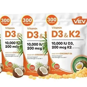 2-in-1 Healthcare Vitamin D3 10000 IU & K2 (MK-7) 200 mcg Supplement with Virgin Coconut Oil, 300 Softgels for Immune Support