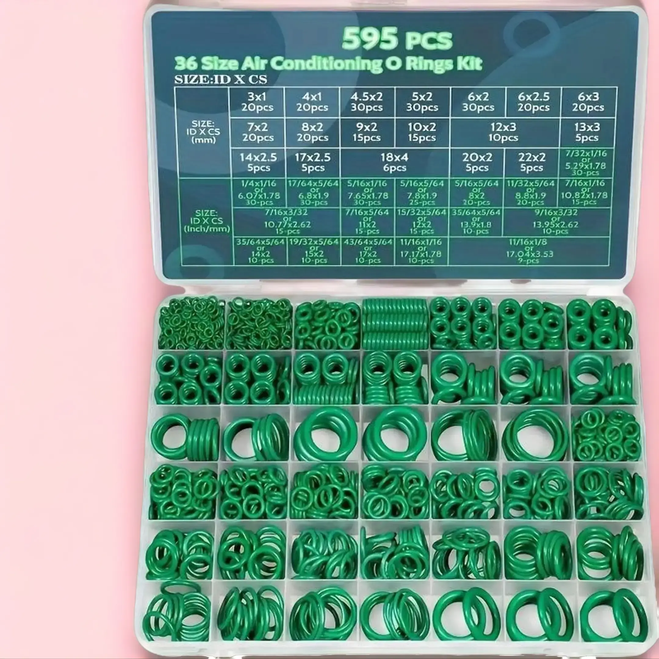 595-Count 36 Sizes Green NBR Rubber Automotive AC O-Rings Kit - SAE & Metric Assortment Auto Parts with 4 Pick & Hook Tools, Corrosion-Resistant AC Seals for Car A/C Compressors, Plumbing Seal Repair