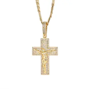 14K Gold Plated Jesus Cross pendant Necklace Religious Jewelry For men and women with 24inch Figaro chain