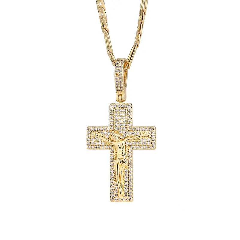 14K Gold Plated Jesus Cross pendant Necklace Religious Jewelry For men and women with 24inch Figaro chain