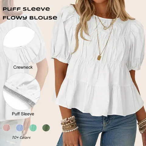 Imily Bela Womens Puff Sleeve Peplum Babydoll Tops Summer Smoked Pleated Cotton T-Shirts Casual Loose Fit Flowy Blouse
