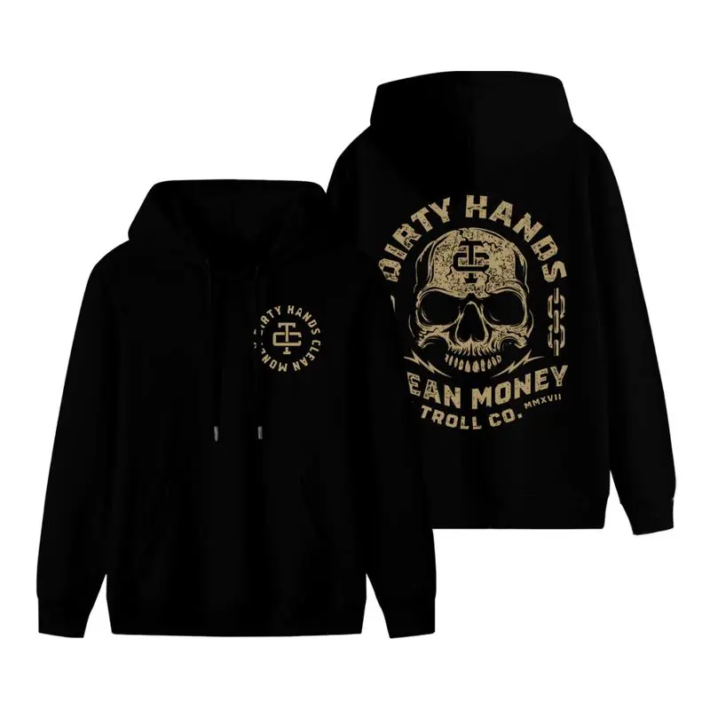 Holafish Men's Dirty Hands Clean Money Hoodie with Bold Skull Graphic a Heavy Duty Streetwear Pullover for Hustle and Grit Style summervibes