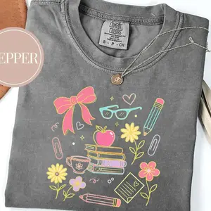 Comfort Colors Teacher Happy First Day Of School Shirt, Books shirt, Back to School, Bookish Shirt, Book Lover Teacher, Elementary Teacher, Botanical shirt Unisex Womenswear VJ3