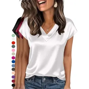 2026 women's silk satin smooth top hat short sleeved shirt V-neck shirt business casual elegant set hot sellingRAIMENTRY
