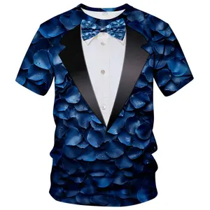 Unisex Blue Rose Petal Tuxedo Print T-Shirt – Ideal for Weddings, Formal Parties & Events with Faux Bow Tie & Lapel Detail