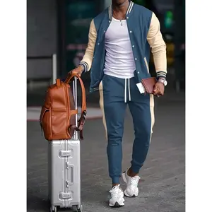 Men's stylish and simple single-breasted color-blocked baseball jacket and trousers two-piece set, thick style, suitable for spring and autumn.Men's spring baseball jacket and trousers two-piece set.
