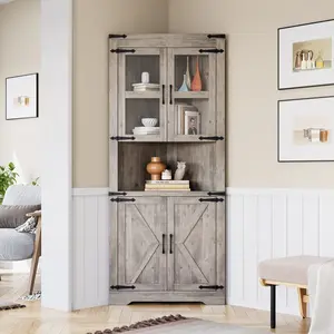 Space-Saving Tall Corner Storage Cabinet, Farmhouse Style Barn Door Cabinet with 4 Doors, Glass Panel & Flexible Adjustable Shelves, Freestanding Multi-Purpose Organizer for Kitchen Bathroom Living Room Entryway