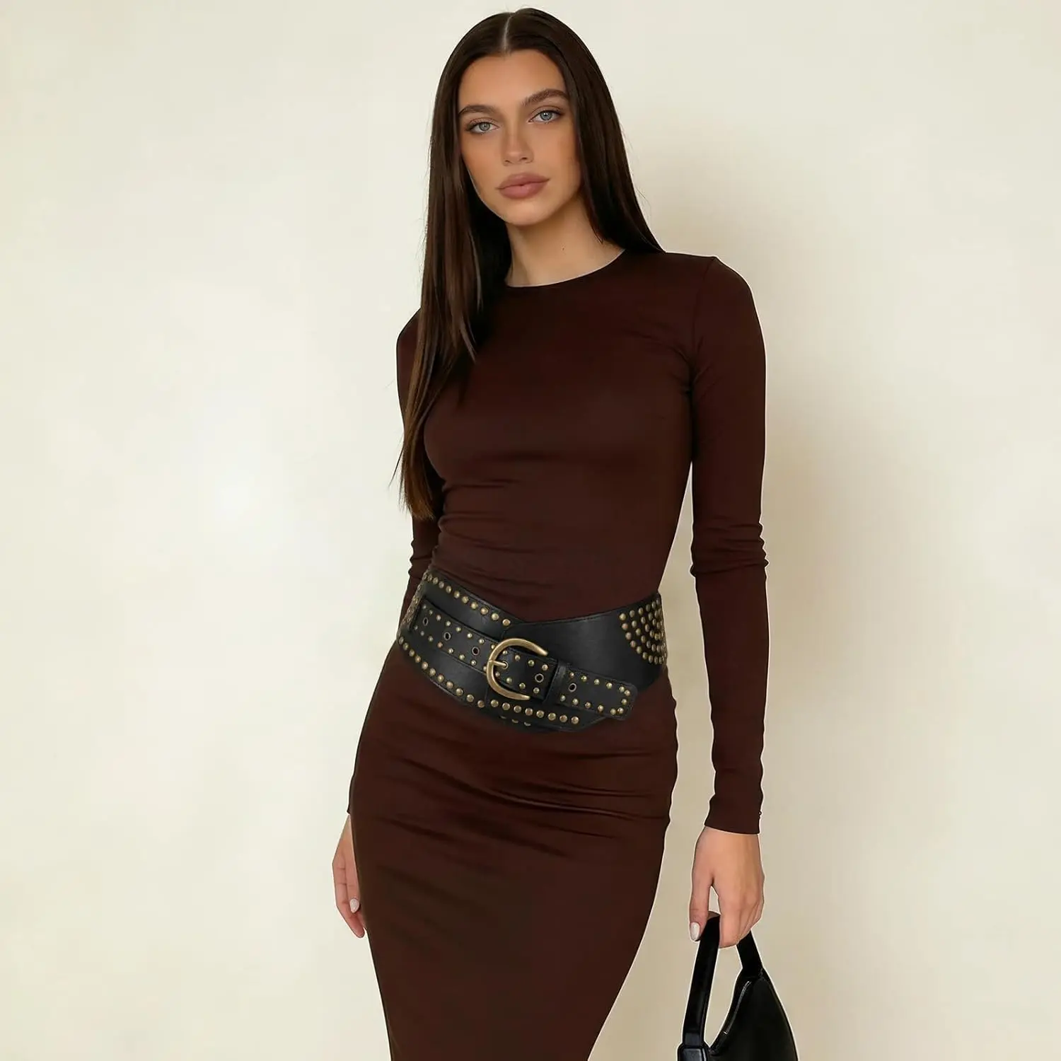 Women Vintage Wide Elastic Belt Studded Stretchy Waist Belt with Rivets Metal Buckle