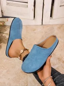 Women's New Style Open-toe Slippers, Casual Velvet Slip-on Half-slides, Soft Leather Design, Blue Non-slip Waterproof Home Shoes