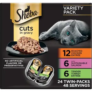 Perfect Portions Wet Cat Food Cuts in Gravy, Roasted Chicken Entree, with Sustainable Salmon, Tender Turkey Entree, 2.6 oz. Twin-Pack Trays (24 Count, 48 Servings)
