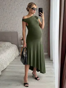 DANLIEN Maternity Green Off Shoulder Asymmetrical Hem Long Dress Old Money Style Summer Work Outfit Pregnant Women Olive Green