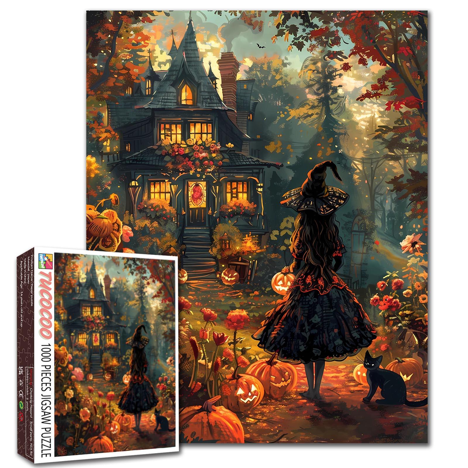 Tucocoo Gothic Halloween Cottage 1000 Pieces Jigsaw Puzzle Enchanted Witch House Autumn Pumpkin Garden Black Cat Fantasy Art for Adults, Family Game Night, Stress Relief, Relaxation, Brain Challenge, Wall Decor Gift for Women Seniors, 27.5x20inch(70x50cm)