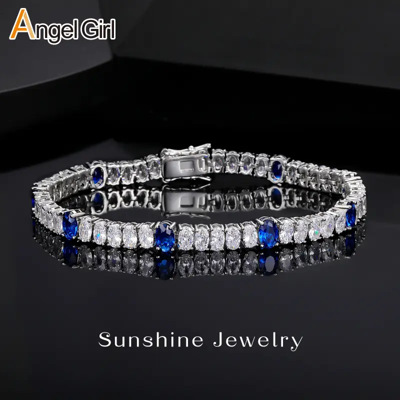 New Arrival Copper Inlaid Oval Blue Spinel Tennis Bracelet,3mm Single Row Slim Bangle,Niche Minimalist Luxury Jewelry for Women