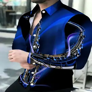 Men's Long-Sleeve Cool Flame Pattern Polyester Fabric Casual Shirt - Trendy Menswear Fashion Piece