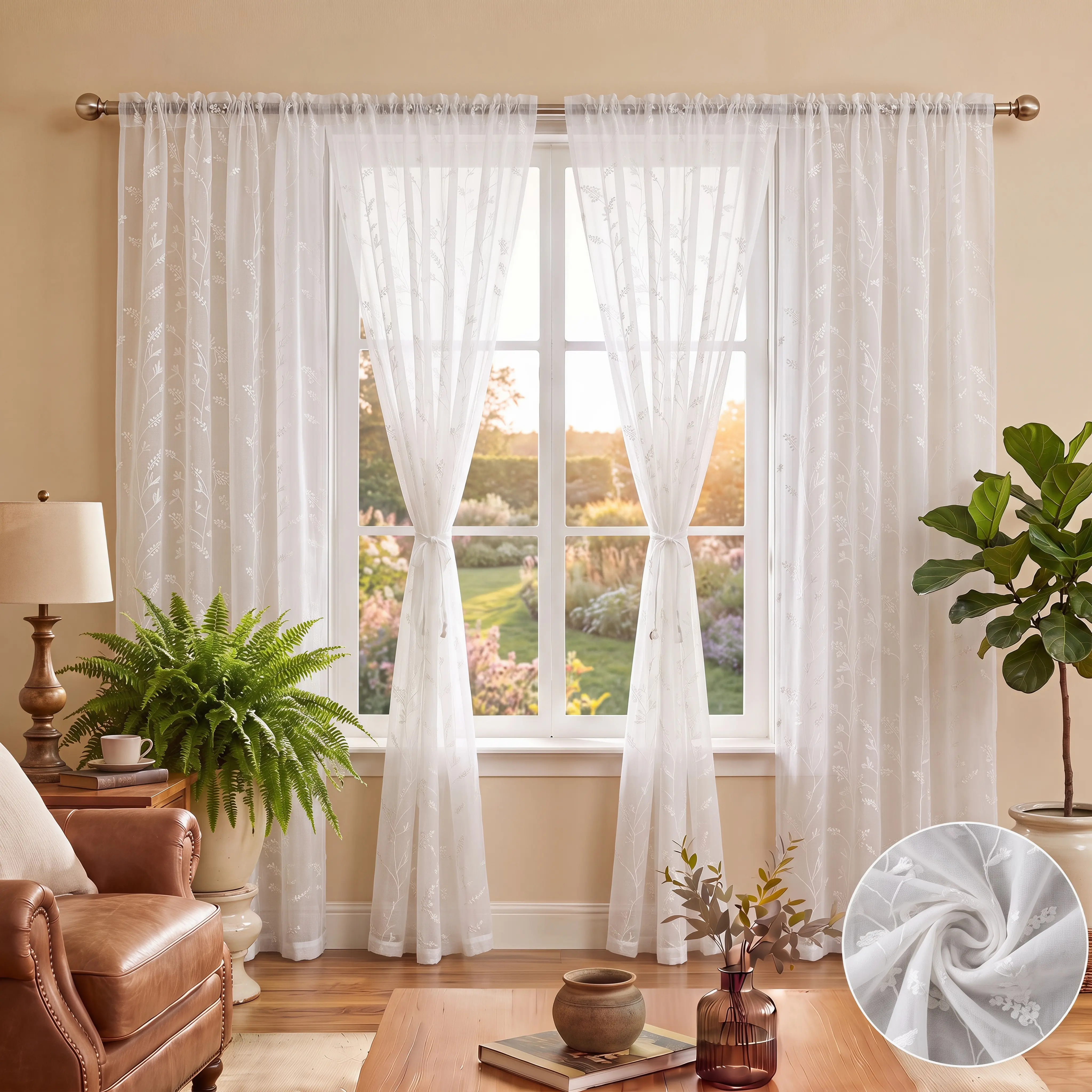 4-Piece Allover Wheat Floral Embroidery Woven Breathable Sheer Curtains - Sheer Fabric, Rod-Pocket Ease, Drawstring Tape, Home Decoration Curtain, Natural Light Filtering, 34Wx84L & 52Wx84L Sizes, 4 Panels Simplify Window Styling, FT7433 7005