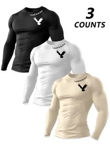 Men's Long Sleeve Round Neck Letter Print T-Shirt, Gym Outfits, Gym Tees, Workout T Shirt, Fitness Top, Athletic Tops, Fitness Sport Top, Comfortable Breathable Fabric, Ideal for Gym & Daily Wear, Pack of 3