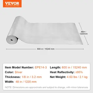 VEVOR Double Reflective Insulation Roll, Foam Core Radiant Barrier, 3.2 mm 48 inx 50 ft, Double-Sided Aluminum Foil EPE Foam Heat Reflective Shield, Thermal Insulation Roll for Window RV Roof