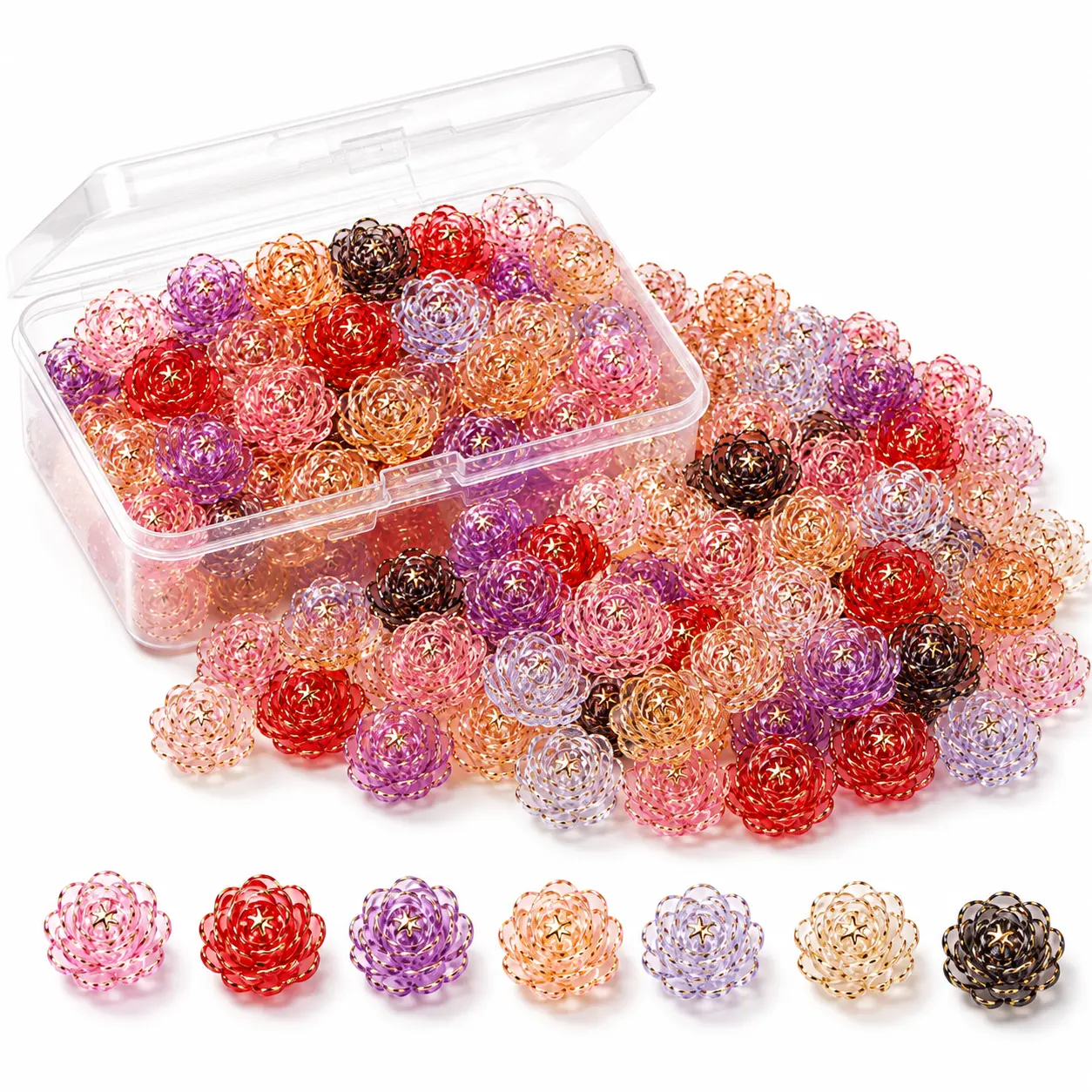 100Pcs 17mm Acrylic Rose Flower Beads, Mixed Color Carved Floral Beads with Gold Foil Accents and Storage Box for DIY Bracelets, Necklaces and Jewelry Making handmade craft supply