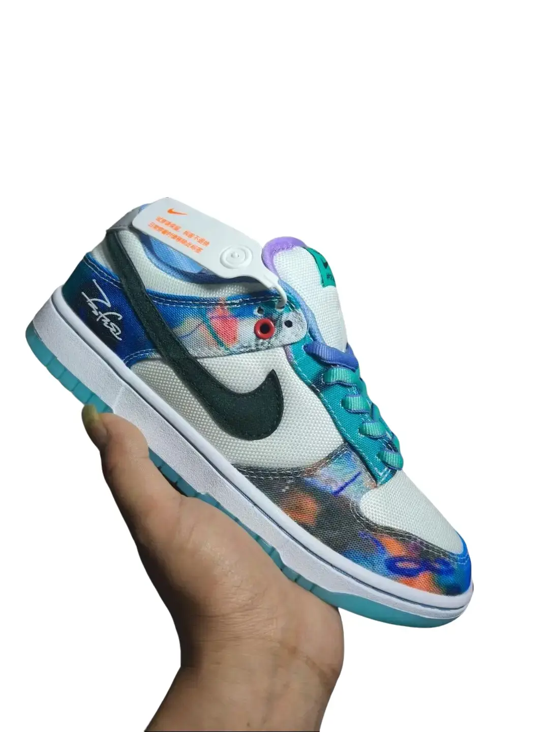 Casual board shoes crafted from premium smooth leather and printed canvas, white with dreamy blue‑purple splash‑ink patterns, durable turquoise rubber outsole, game‑changer for long‑time walking and daily urban commuting.