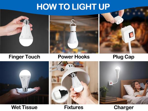 OSTWIKI 6 Pack Rechargeable Emergency Light Bulbs A19, Camping Lamp Battery Powered LED Light Bulb 3000K Daylight E26/E27 120V 9W with 1200mAh for Home Power Outage, Camping, Hurricane