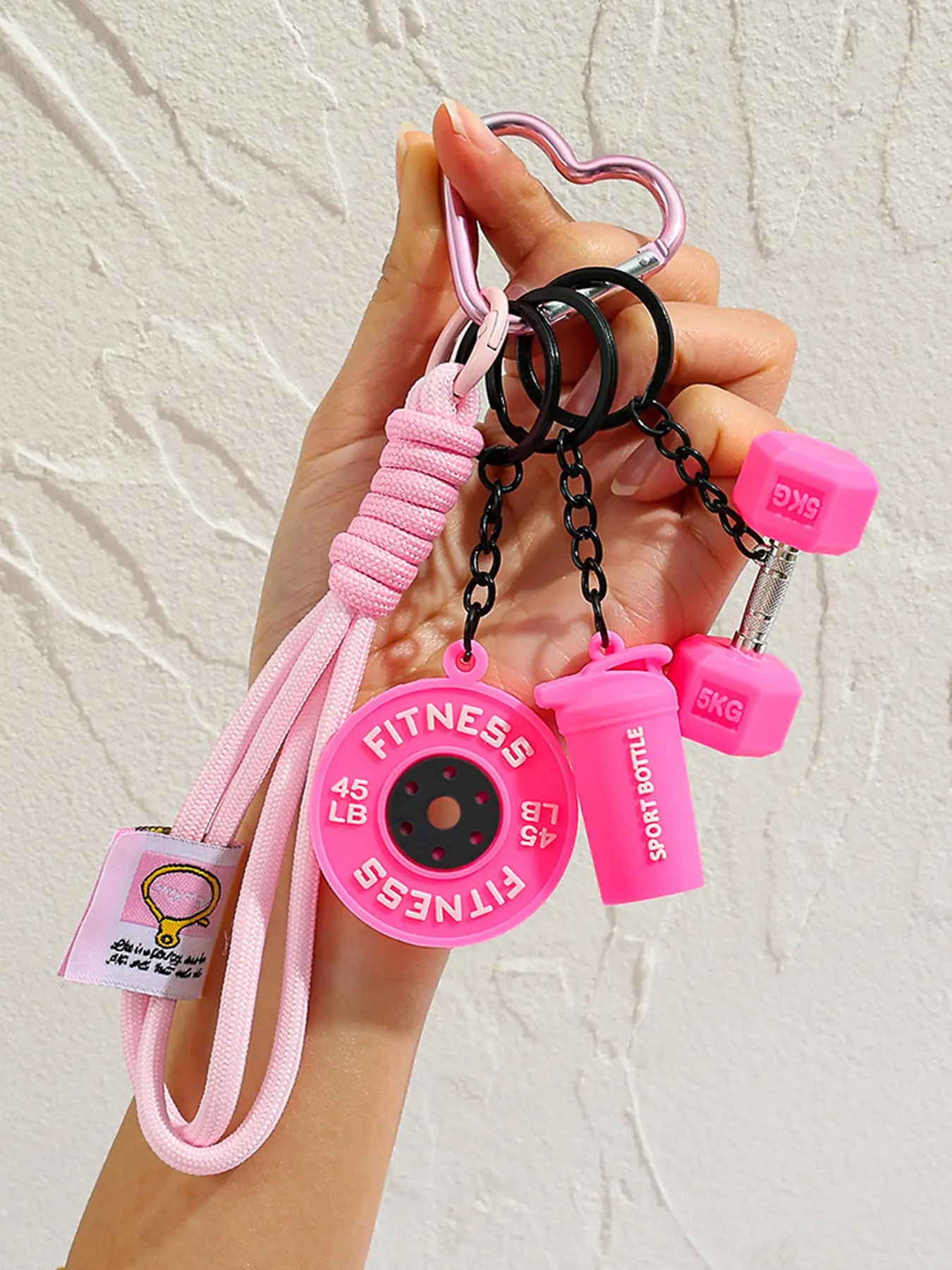 Sweet and cool sporty style niche personality pendant, adorned with dumbbell, water bottle, and barbell plate elements, lightweight and portable, suitable as bag accessory or keychain, perfect for commuting and shopping, Keychain For Bags