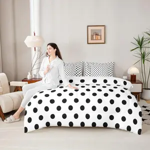Black Polka Dots Bed Set,in a Bag 7 Pcs,French Style Dots Cartoon Cute Bedding Set,Geometric Circles Black White Simple Art Comforter with Fitted,Flat Sheet,Pillowcase,Pillow Covers