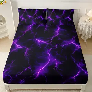 Purple Breathable 3pcs Bedding Set - High-Definition Print, Polyester, Durable Twill Weave, 90gsm, 30-34cm Height - 1 Fitted Sheet + 2 Pillowcases, No Inserts, All-Season, Home Dorm, Comfy Bed Sets