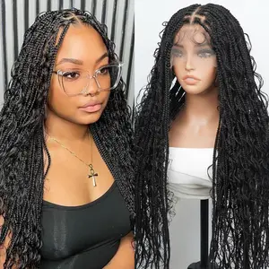 Supernova Hair Square Braided Wig 36 Inch Boho Braided Wigs Synthetic Hair 13x6 Lace Front Box Braided Wigs with Curly Ends
