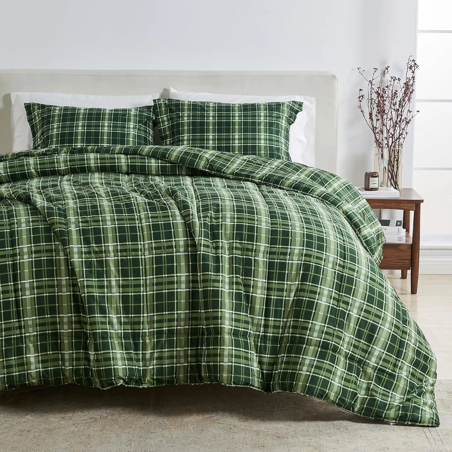 Twin Size Holiday Comforter - Down Alternative 2 Comforter Sets -, Winter, Lodge Inspired Bedroom (Twin/Twin XL, Forest Green Plaid)