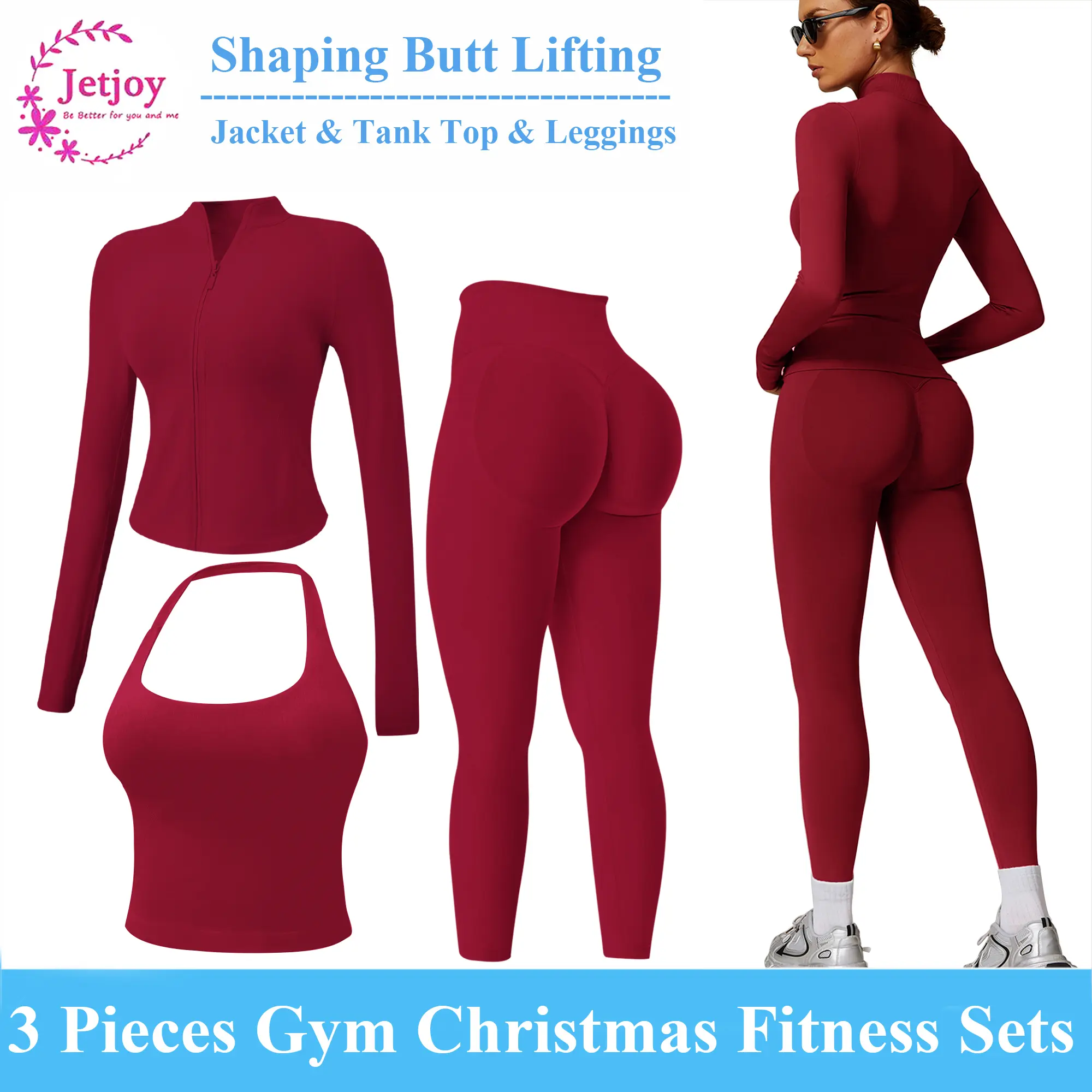 Jetjoy Women's 3-Piece Going Out Workout Sets - Zip-Up Jacket, Backless Tank, Mid-Waisted Tummy Control Compression Leggings - High-Stretch Nylon Elastane for Yoga, Gym