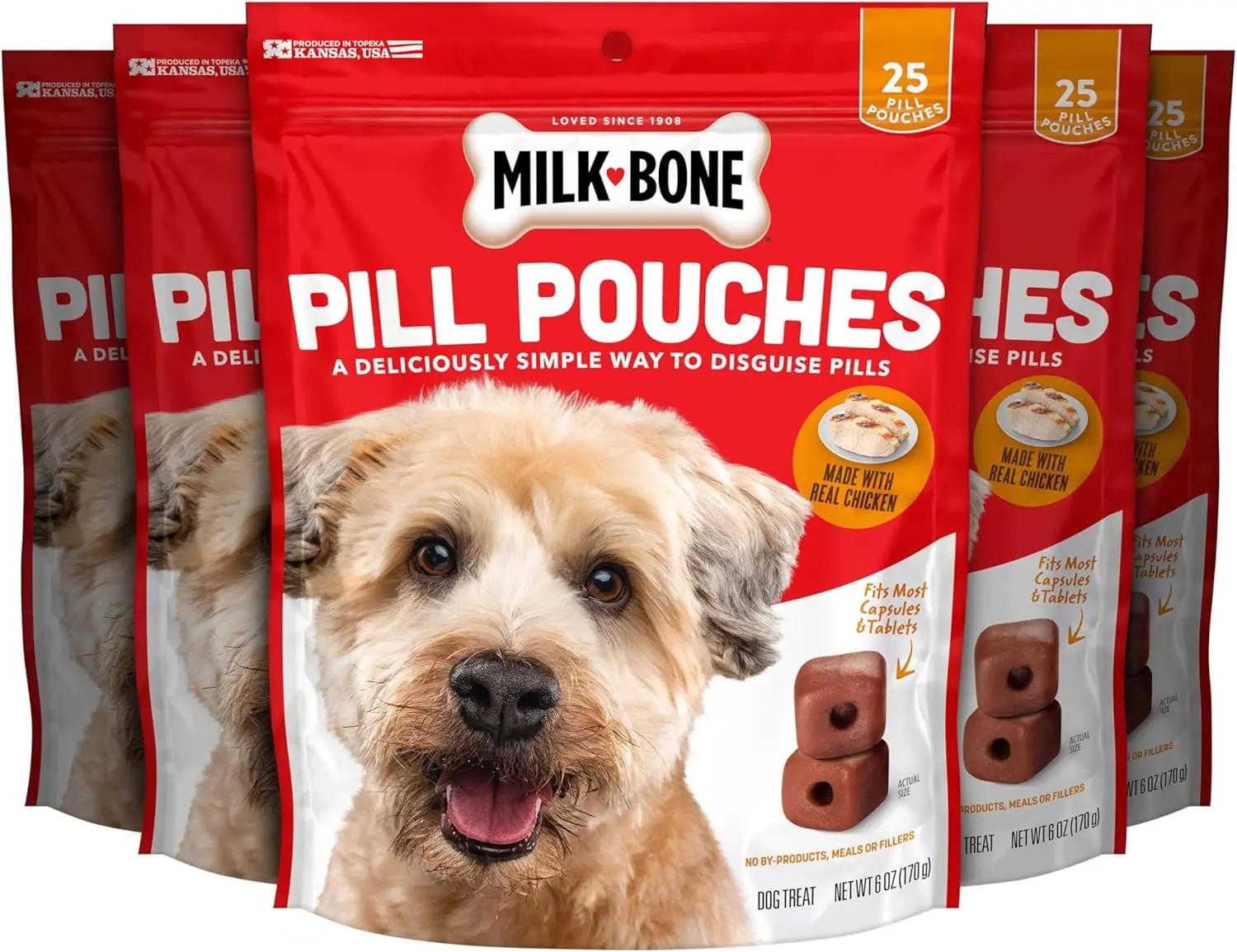 Milk-Bone Pill Pouches Dog Treats With Real Chicken, 25 Count Bags (Pack of 5; 125 Total Treats)
