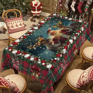 Christmas Theme Tablecloth, Santa Claus & Reindeer Design, Polyester Fabric, Multiple Sizes, Perfect for Holiday Parties & Gifts