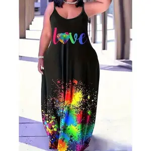 Plus Size Sleeveless Maxi Dress - 95% Polyester 5% Elastane Polyester Knit Fabric, Colorful Splatter Print with Love Graphic, Casual V-Neck Style with Slight Stretch for All Seasons