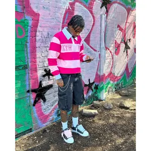 Pink Rugby Polo Shirts Hip Hop Men Stripe Print Lapel Neck Shirt Y2k Harajuku Fashion Casual Cotton Long Sleeves Top Women Tees