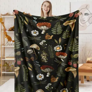 Dark Cottagecore Mushroom Forest Pattern Blanket, 1 Count Soft Warm Flannel Throw, Aesthetic Nature Blanket for Home Office Travel