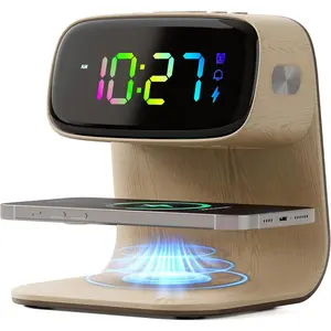 Digital  Clock with    Station 15W   Lamp for Bedside,3 Colors Nightlight Adjustment Night Lamp for Living Room,Bedside,Heavy Sleepers (Woodgrain+&Adapter)