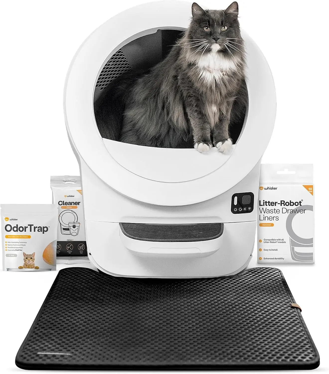 Whisker Litter-Robot EVO Bundle, Automatic Self-Cleaning Cat Litter Box, White, Compact Space-Saving Design, Advanced Odor Control, Includes Mat and Supply Kit