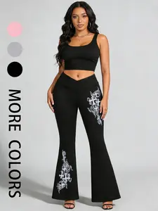 Women's Slim-Fit baggy leggings, Cross Waistband, High-Waisted Butt-Lifting, Graphic Print, Casual Comfortable Fashion for Daily Wear & Gym