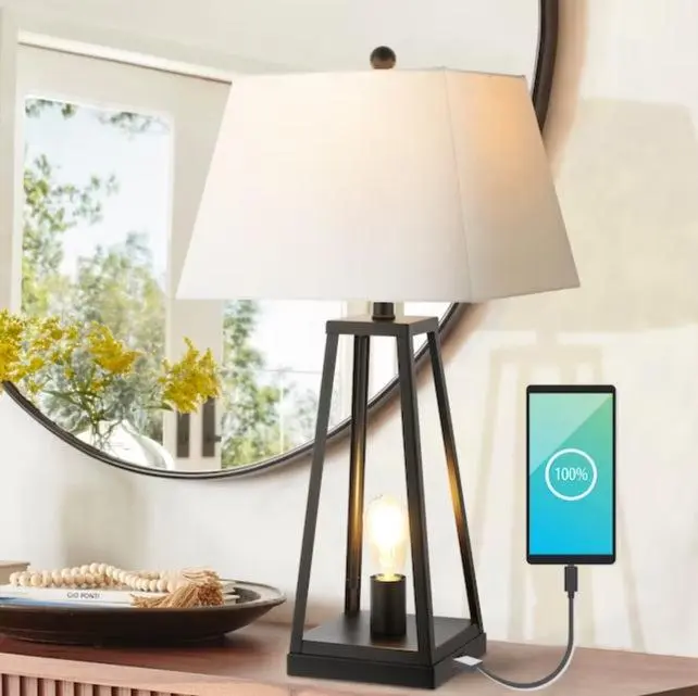 JONATHAN Y Waylon Classic Industrial Iron LED Nightlight Table Lamp with USB Charging Port, Home Decor Lighting for Bedroom, Living Room, Dorms