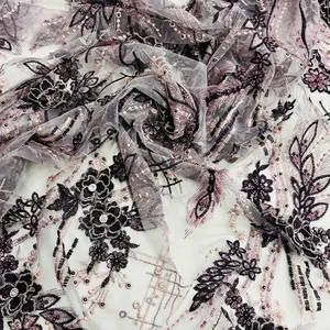 Beaded & Rhinestone 3D Floral Lace Fabric Embroidered on 100% Polyester Net Mesh | Lace USA - GD-2266