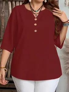 Women's Casual Simple Shirt, Perfect for Spring Summer Fall, Valentine's Day Gift, Pure Color Solid V-Neck Blouse, Plus Size Fashion Top