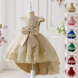 3-8Y Embroidered Pink Kids Clothes Bow 6068 Flower Girls Frock Ball Gown Pageant Children Princess Prom Formal Party Cocktail Dress