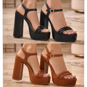 Darcy Platform High Chunky Heel Open Toe Sandals in Tan & Black Regular Fit True to Size Heel