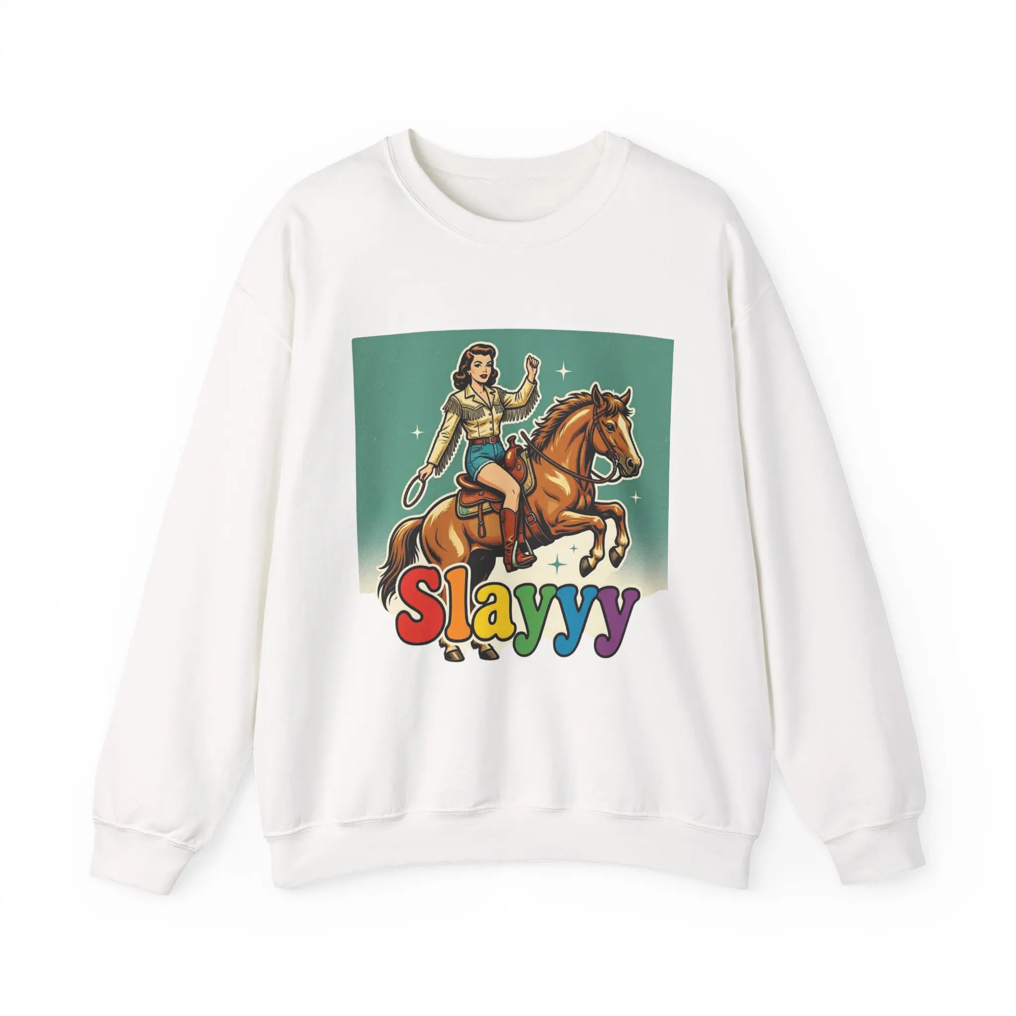 Men's Soft Knit Sweatshirt - Charming Crew Graphic Pullover with Retro 'Slayyy' Front Text Detail and Embroidered Horse Patch, Front Text Detail Men's Sweatshirts, Embroidered Horse Patch Men's Sweatshirts