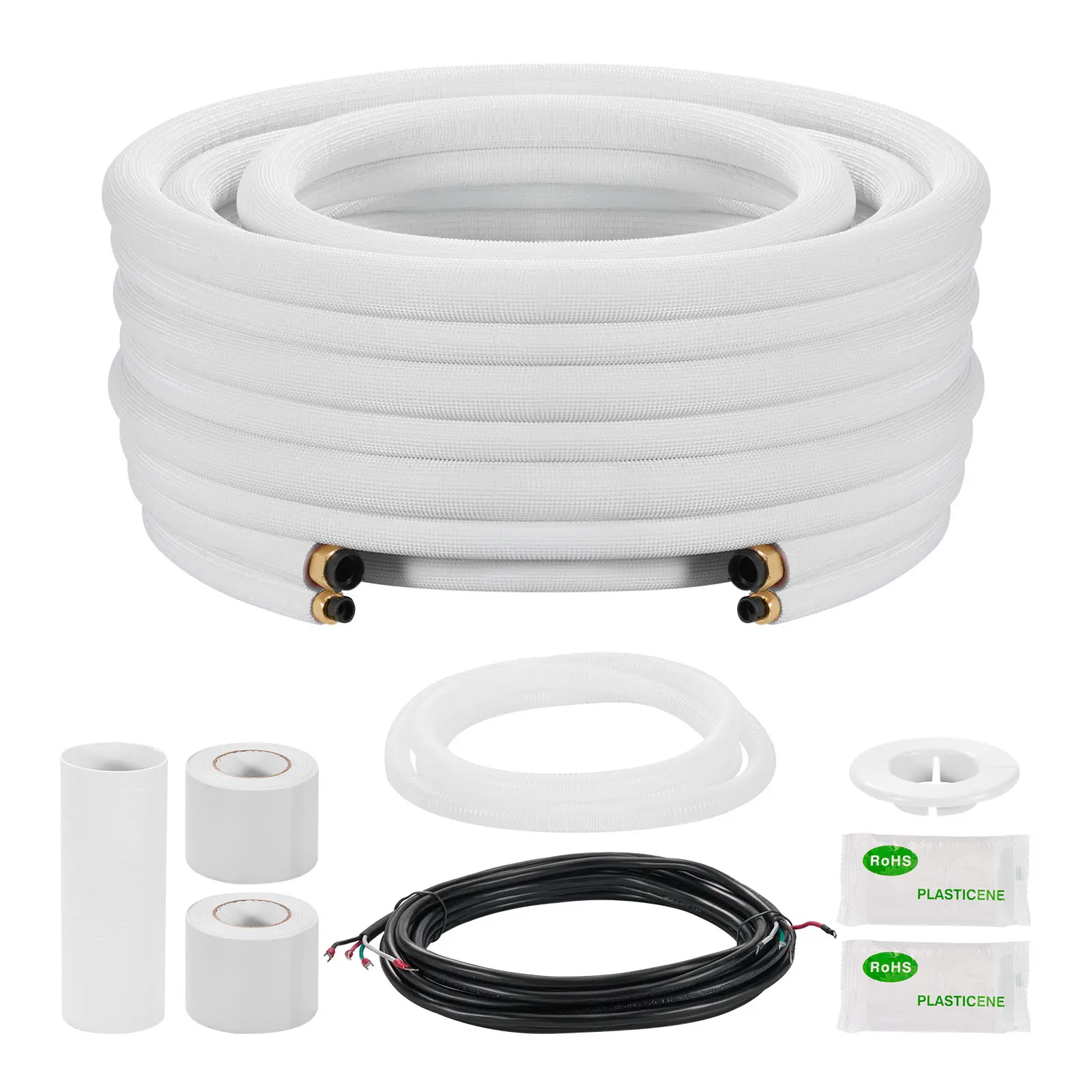 VEVOR 50ft Mini Split Line Set, 1/4” & 1/2” OD AC Copper Tubing (99.9% Pure C12200, Bend-Resistant), 3/8” White PE Thick Insulation Coil, 6.5ft Drain Line, Flared Nuts & Fittings for Mini Split AC HVAC/Heat Pump Systems (Father’s Day Gift), Complete Kit,