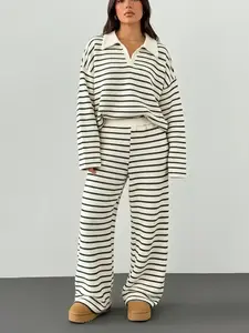 Women's Striped Textured Flared Polo Neck Long Pants Set, Casual Fashion Two-Piece, Perfect for Daily Commute