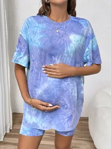 Maternity Tie Dye Loose Fit 2pcs Shorts Set For Casual Wear