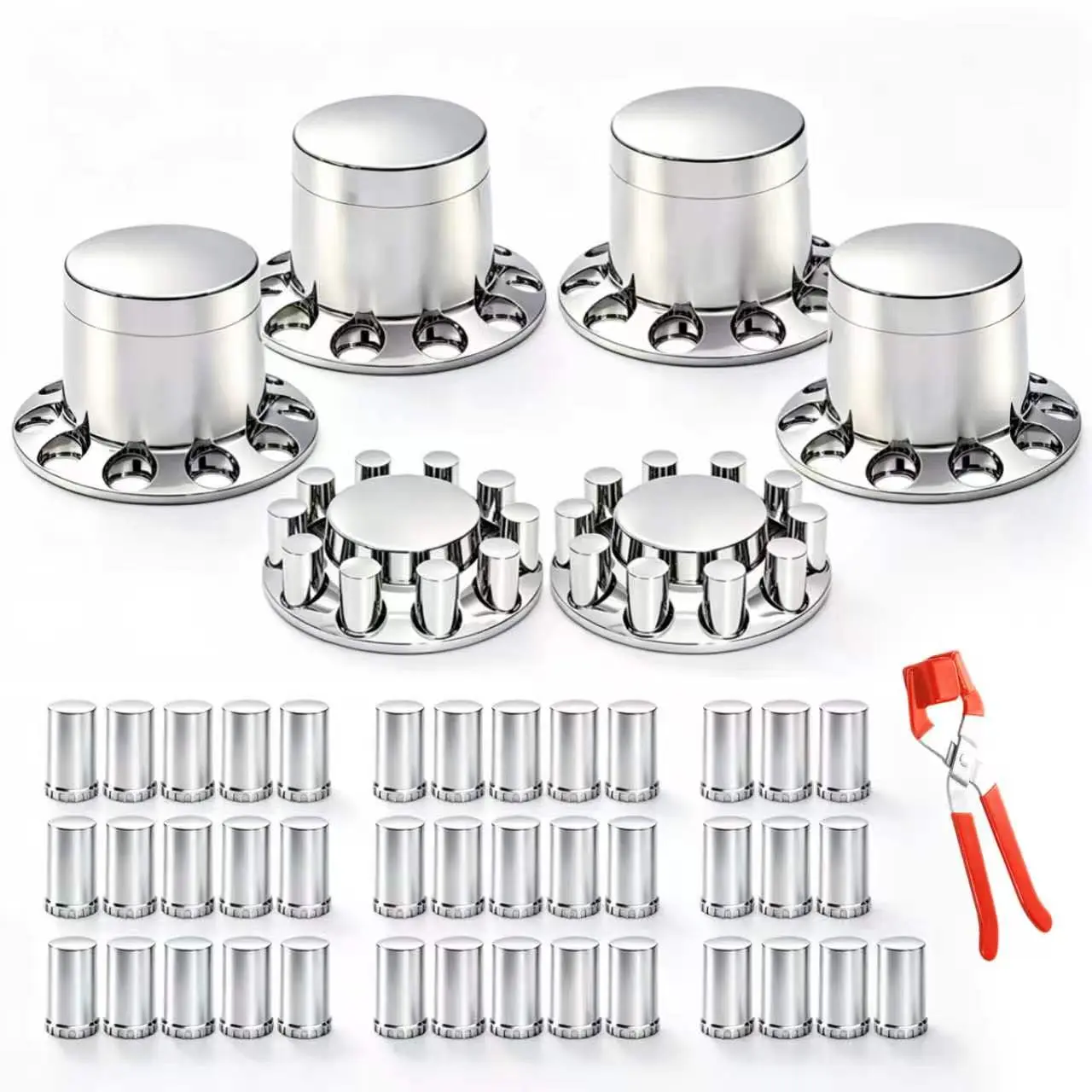 Axle Cover Chrome ABS Flat Top Combo Kit with 33mm Thread-on Lug Nut Covers 2 Front and 4 Rear Axle Wheel Covers and Removable Center Caps for Semi Trucks